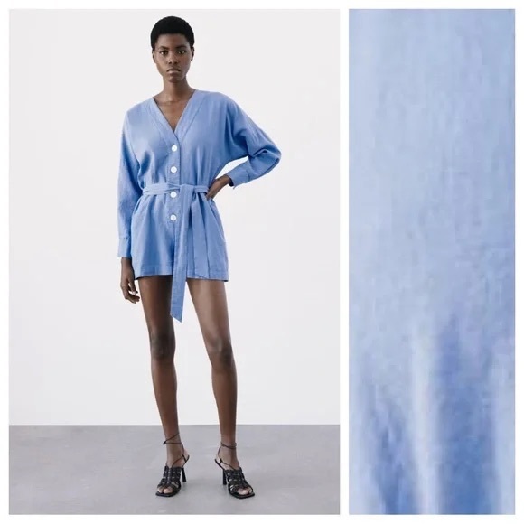 ZARA NWOT LINEN BLUE ROMPER - Picture 1 of 5